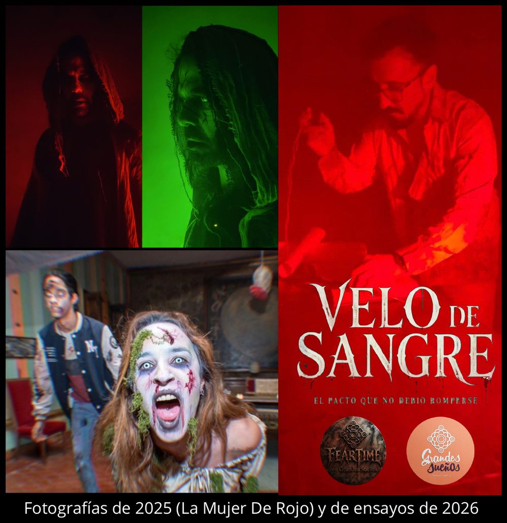 Collage de Velo de Sangre: fotografías de La Mujer de Rojo (2025) y de los ensayos de 2026