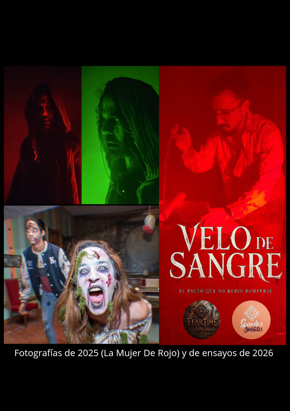 Collage de Velo de Sangre: fotografías de La Mujer de Rojo (2025) y de los ensayos de 2026